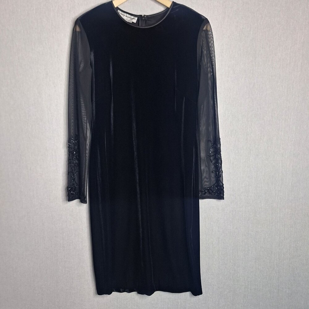 💙 Vintage Donna Morgan Velvet Sheer Beaded Sleeves Size 10 Preppy Formal Fall W